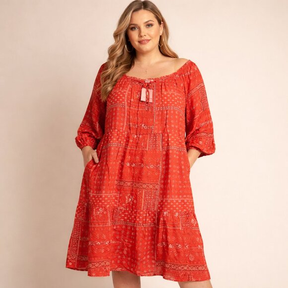 unbranded Dresses & Skirts - NEW Ruffle Coral Bohemian Beach Dress Size XXL 2XL Midi 3/4 Length Sleeves Scoop